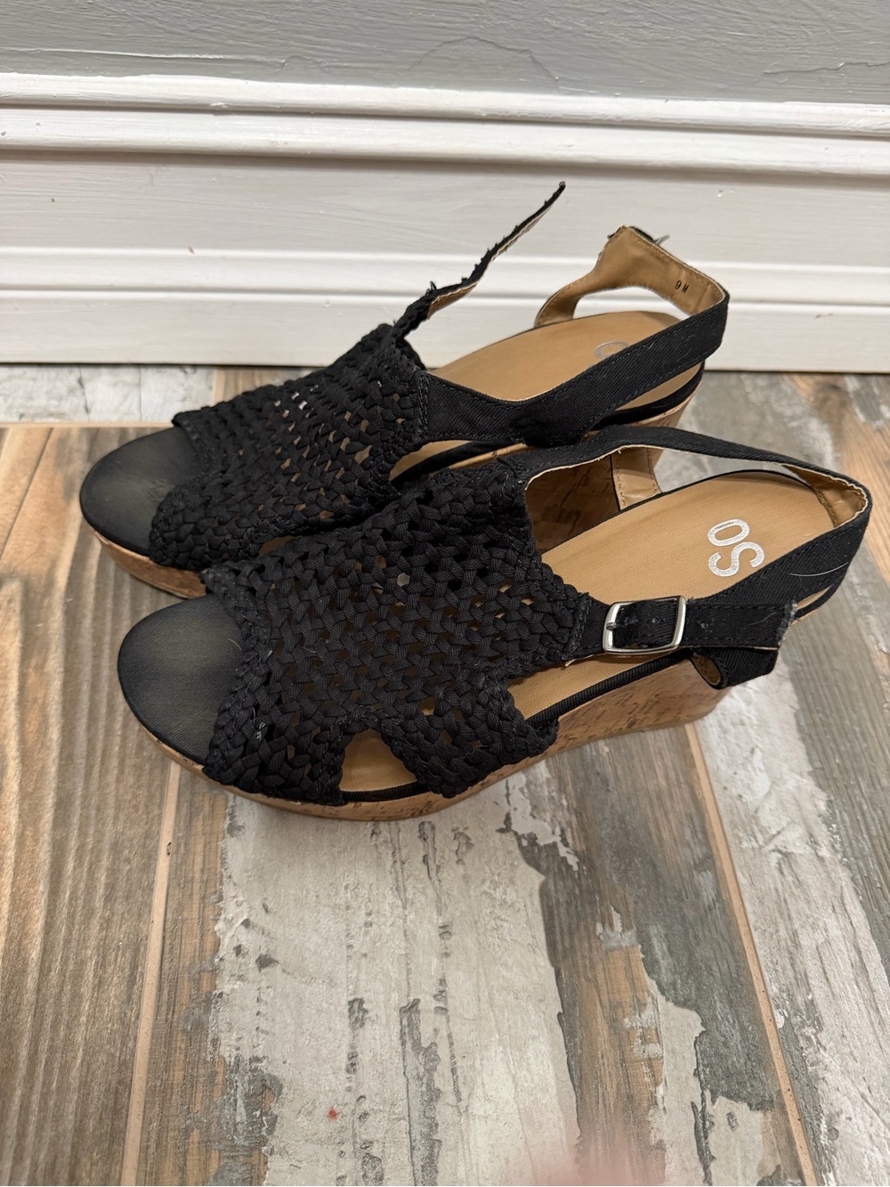 SO Black Woven Slingback Cork Wedge Sandals